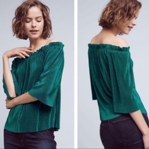 JOA Green Pleated Off Shoulder Blouse